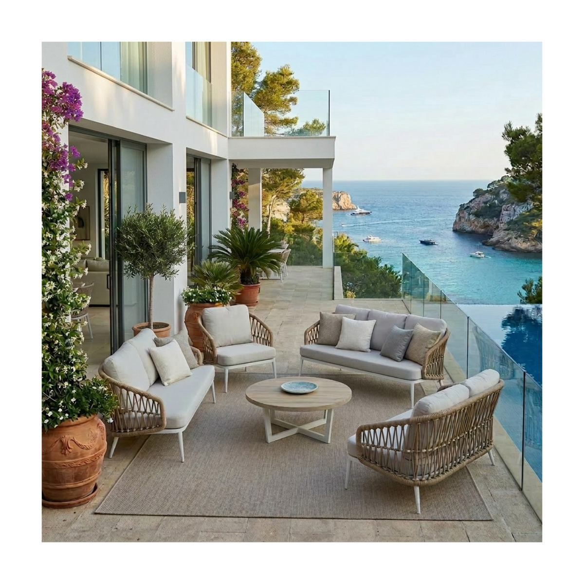 Sofá de exterior de aluminio blanco y cuerda Menton