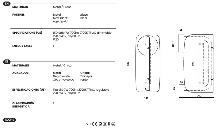 Aplique de Pared Lida S - A1357/S