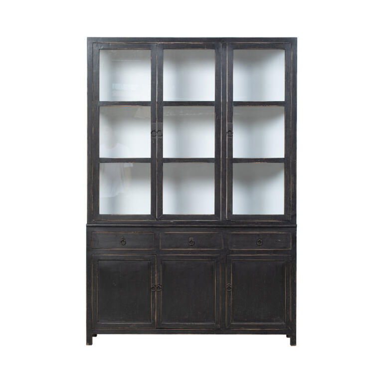 Vitrina negra de pino con 6 puertas y 3 cajones Cea