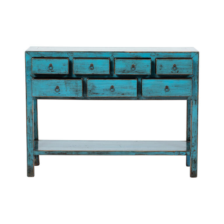 Consola antigua azul de olmo con 7 cajones Zhenwen