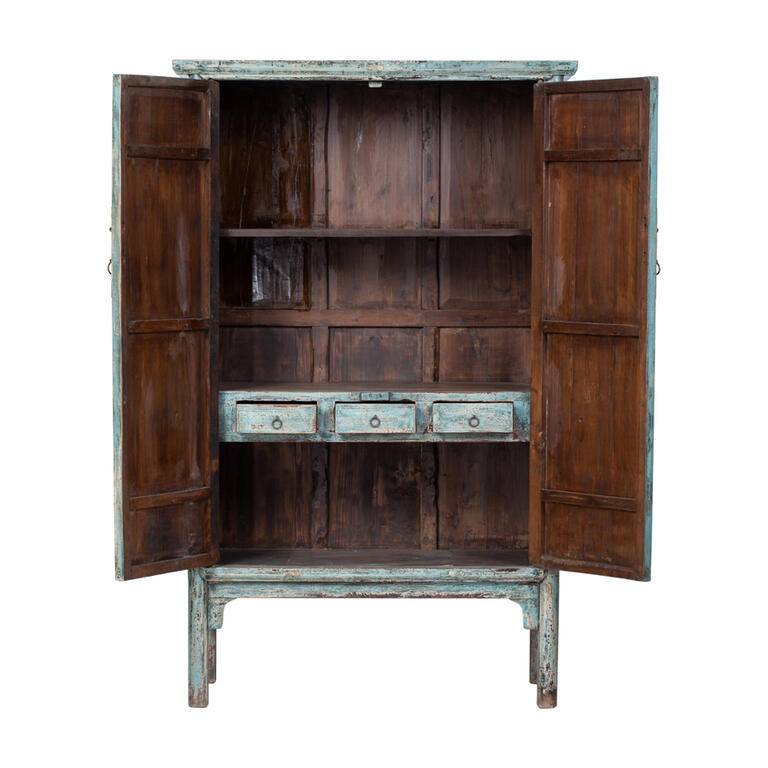 Armario antiguo azul de olmo con 2 puertas y 2 cajones Shurui