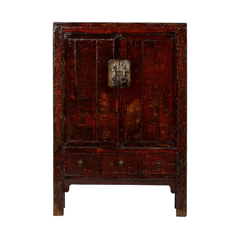 Armario antiguo rojo de olmo con 2 puertas y 3 cajones Saja