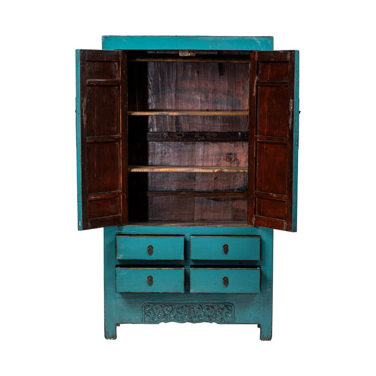 Armario antiguo azul de olmo con 2 puertas y 4 cajones Nansa