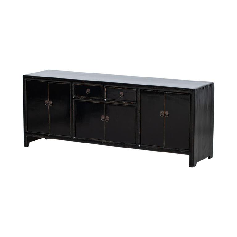 Piecero antiguo negro de pino con 6 puertas y 2 cajones Yaan
