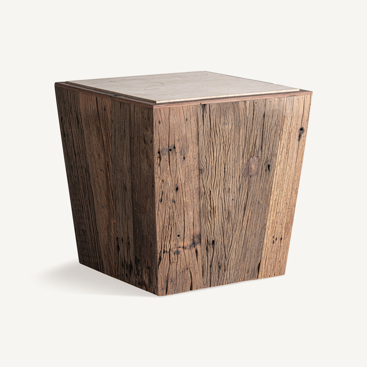 Mesa auxiliar de madera recuperada y travertino Encina