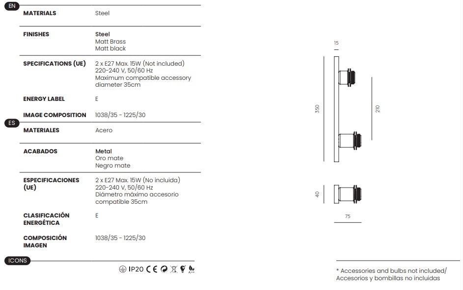 Aplique de Pared Abby A1259/2 - A1259 - #pino_y_jacaranda#