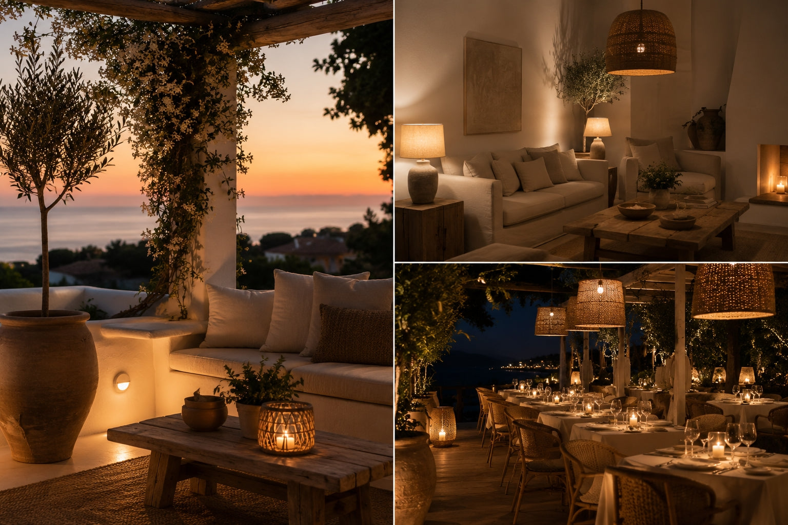 Terraza mediterránea iluminada con luz cálida al atardecer - Pino & Jacaranda