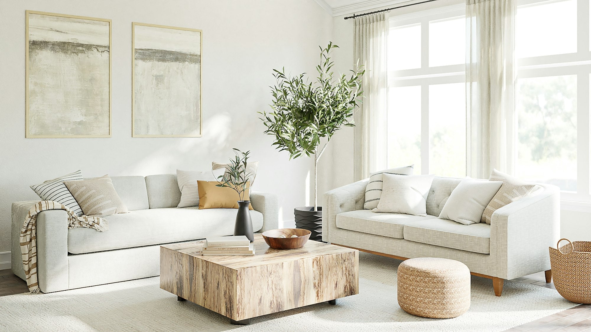 Salón luminoso con sofás blancos y mesa de madera - Pino & Jacaranda