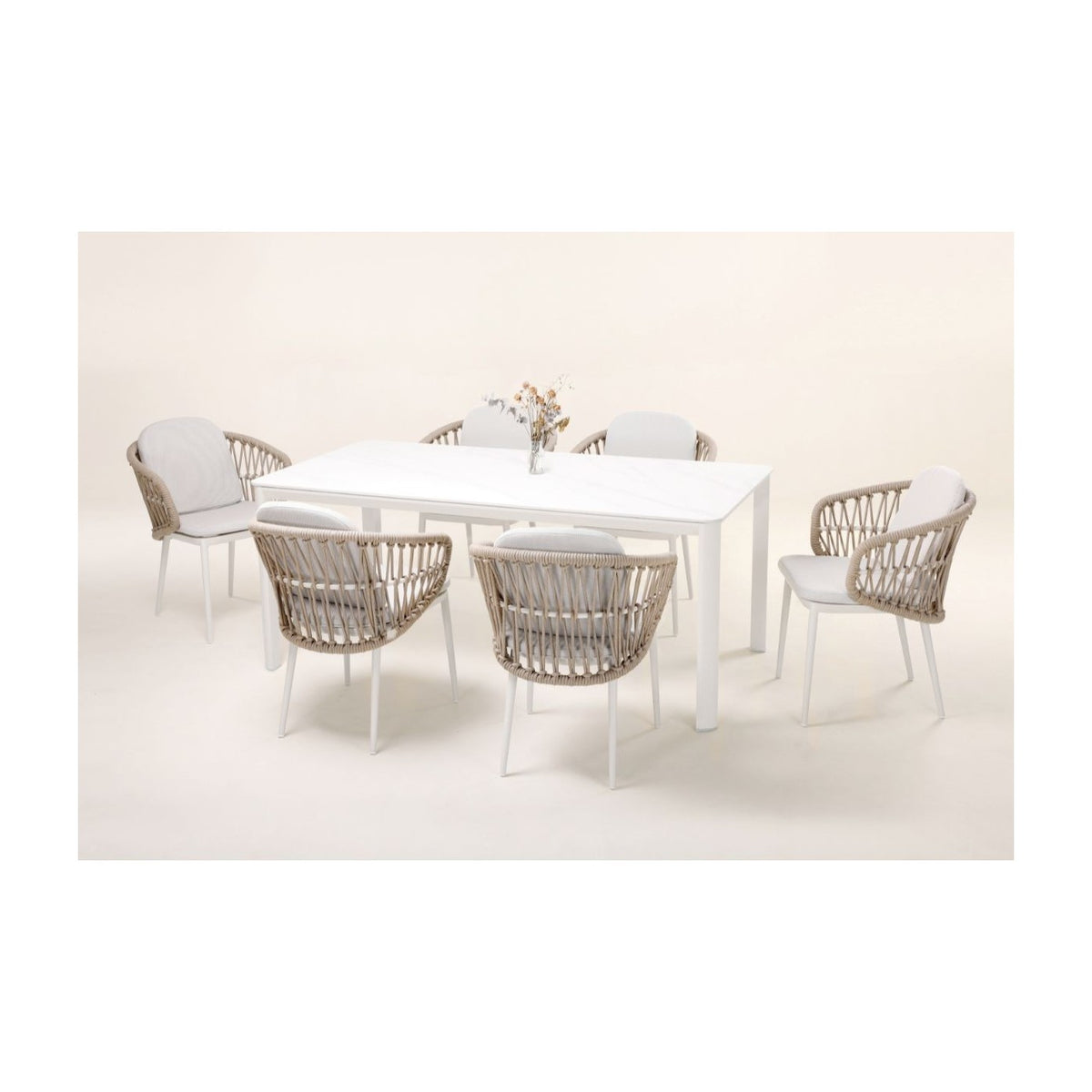 Sillón de comedor de exterior de aluminio blanco y cuerda Juan