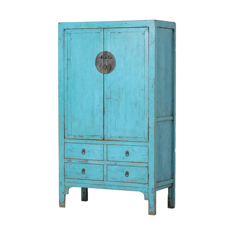 Armario antiguo azul de olmo con 2 puertas y 4 cajones Besaya