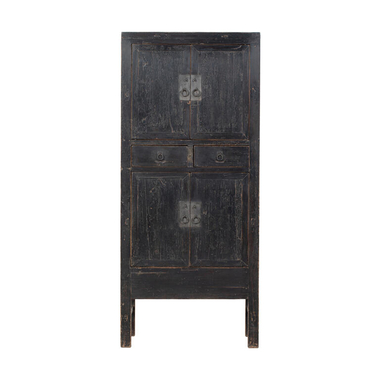 Armario antiguo negro de álamo con 4 puertas y 2 cajones Ega