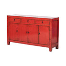Cómoda antigua roja de pino con 3 cajones y 4 puertas Yunan