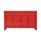 Cómoda antigua roja de pino con 3 cajones y 4 puertas Yunan