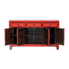 Cómoda antigua roja de pino con 3 cajones y 4 puertas Yunan
