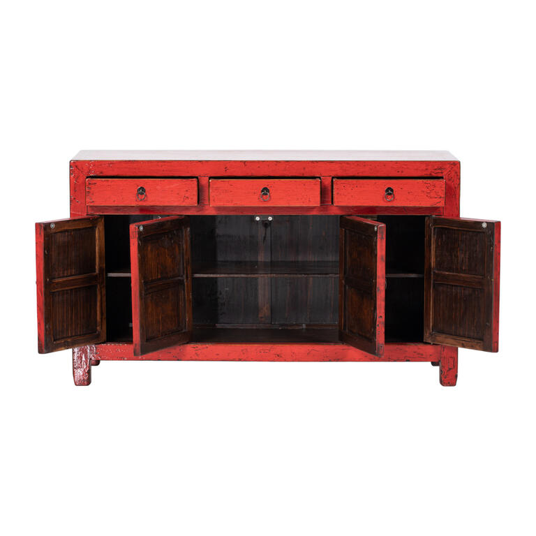 Cómoda antigua roja de pino con 3 cajones y 4 puertas Yunan