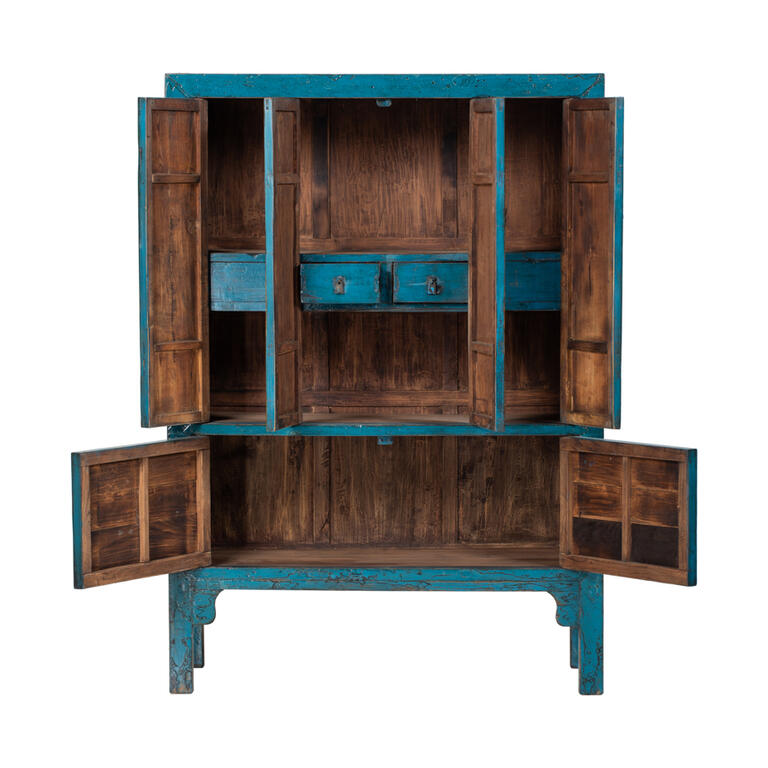 Armario antiguo azul de olmo con 6 puertas Ruijin