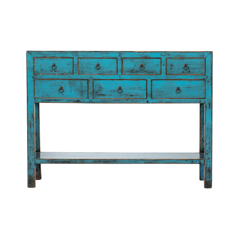 Consola antigua azul de olmo con 7 cajones Zhenwen