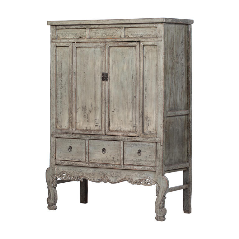 Armario antiguo gris de pino con 2 puertas y 3 cajones Águeda