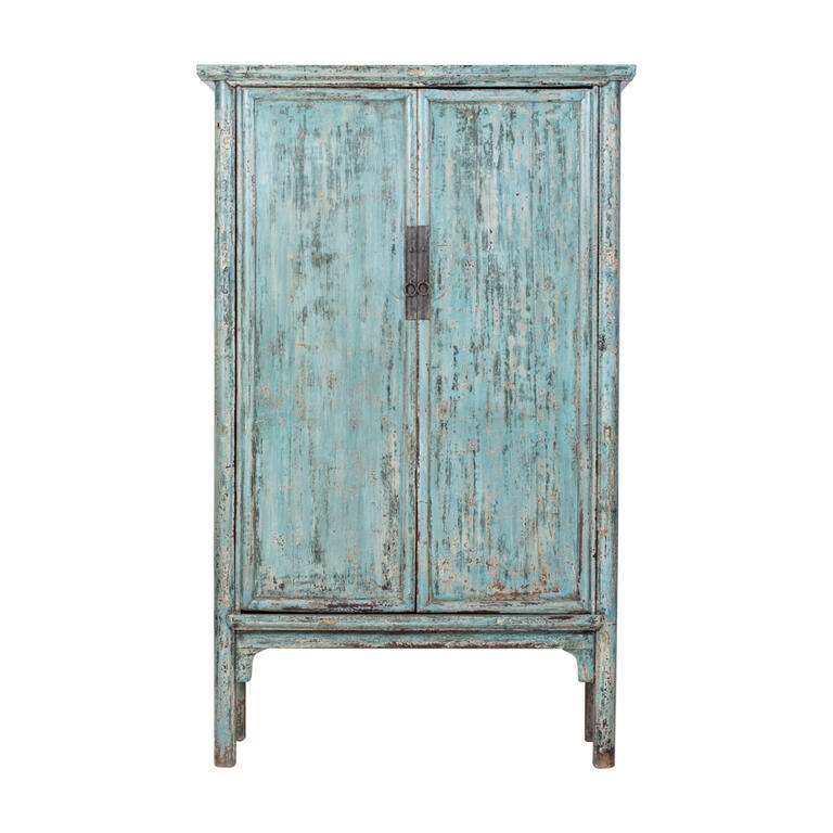 Armario antiguo azul de olmo con 2 puertas y 2 cajones Shurui