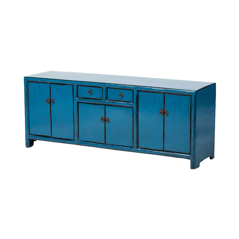 Piecero antiguo azul de pino con 6 puertas y 2 cajones Verderón