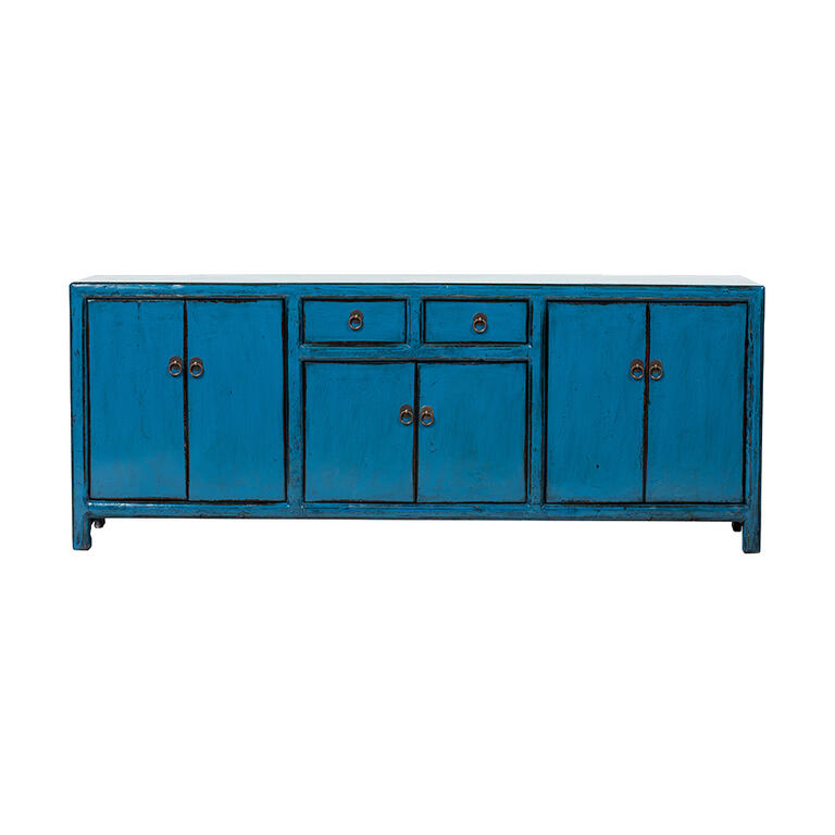 Piecero antiguo azul de pino con 6 puertas y 2 cajones Verderón
