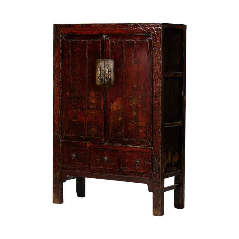 Armario antiguo rojo de olmo con 2 puertas y 3 cajones Saja