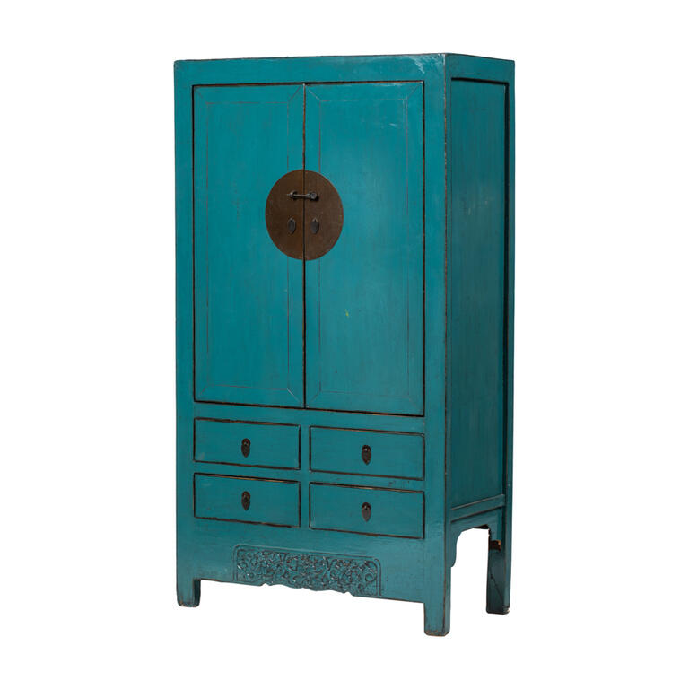 Armario antiguo azul de olmo con 2 puertas y 4 cajones Nansa