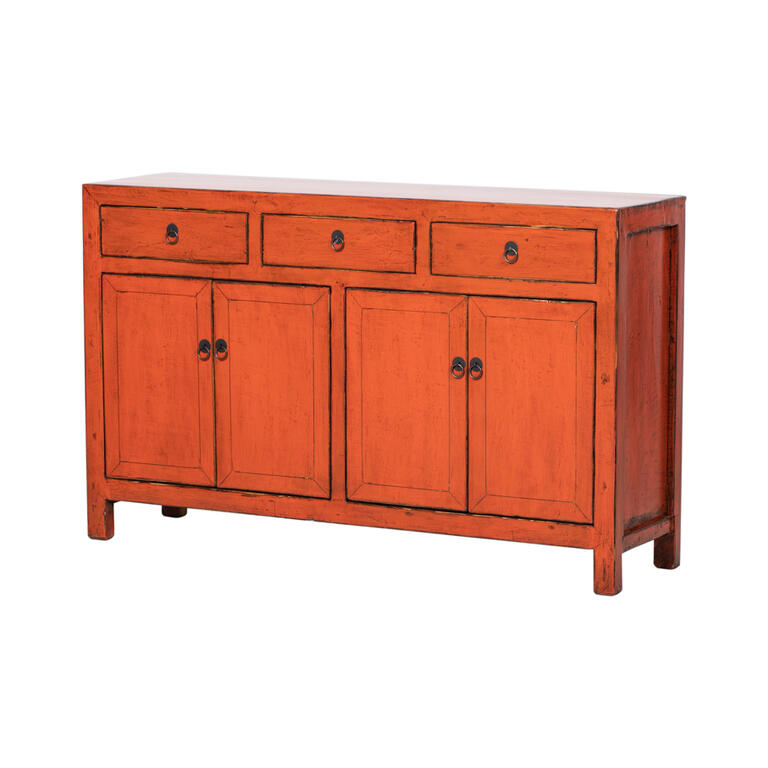 Cómoda antigua naranja de pino con 3 cajones y 4 puertas Shuhua