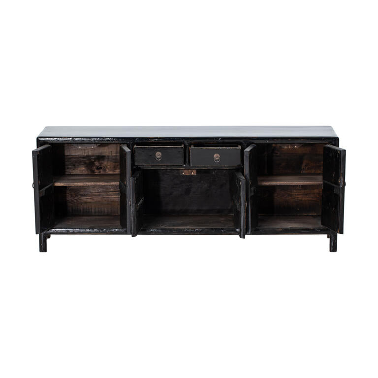 Piecero antiguo negro de pino con 6 puertas y 2 cajones Yaan